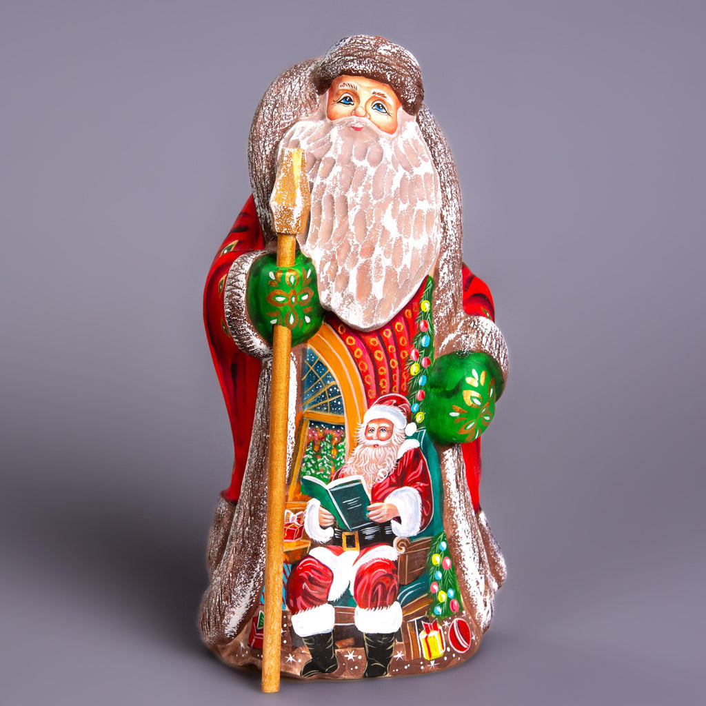 Santa Claus figurine 9.4 inch, folk art Santa reading by fireplace