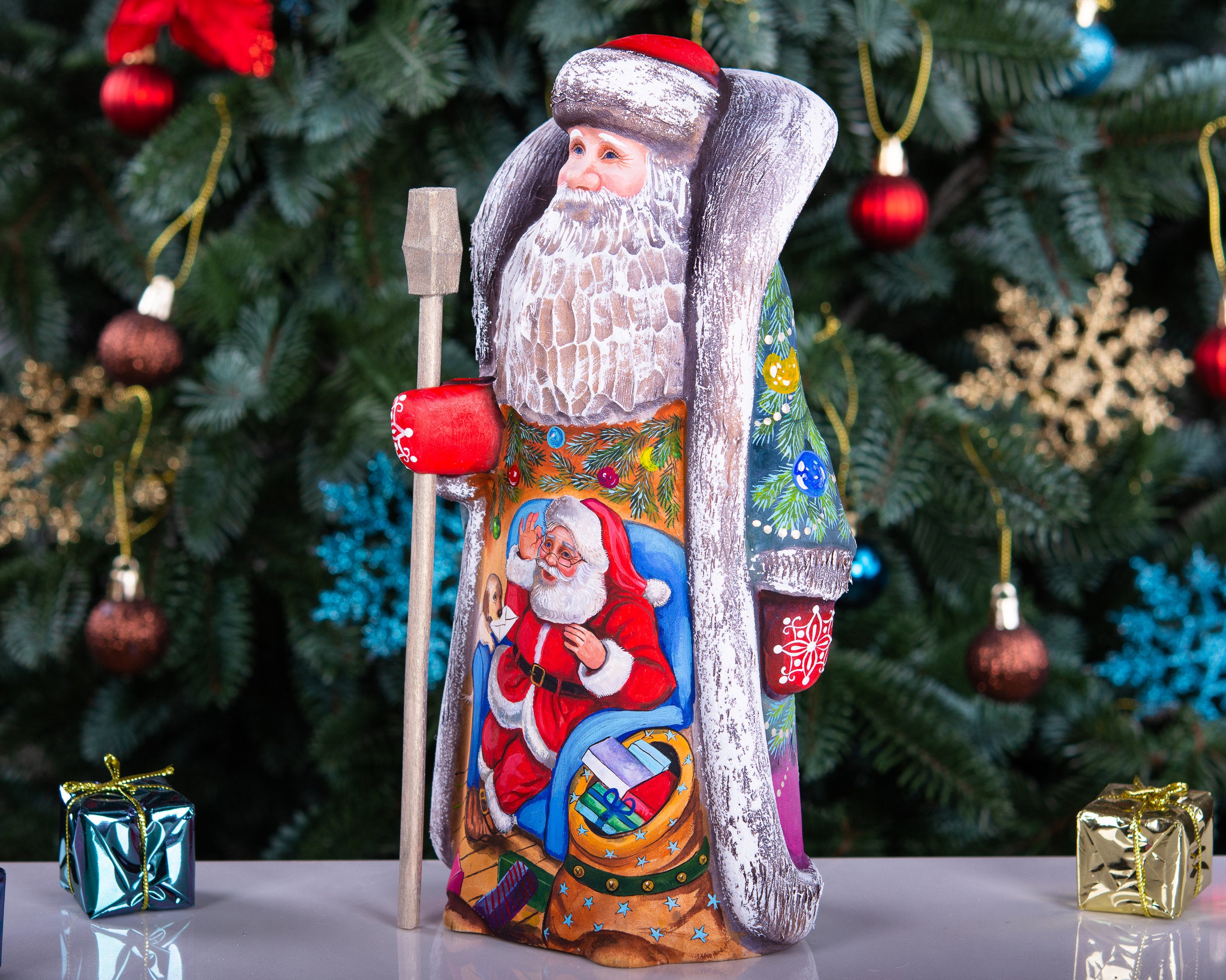 Wooden Santa Christmas figurine 9.5 inch, colorful tree and ornaments, gift for Santa lovers