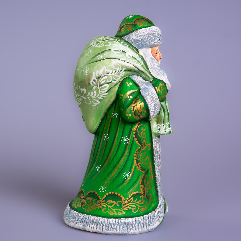 Hand carved wooden Santa figurine 9.1 inch, green coat, gift sack, holiday shelf decor