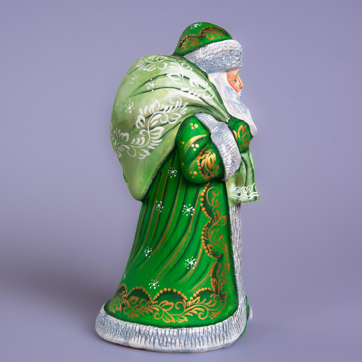 Hand carved wooden Santa figurine 9.1 inch, green coat, gift sack, holiday shelf decor