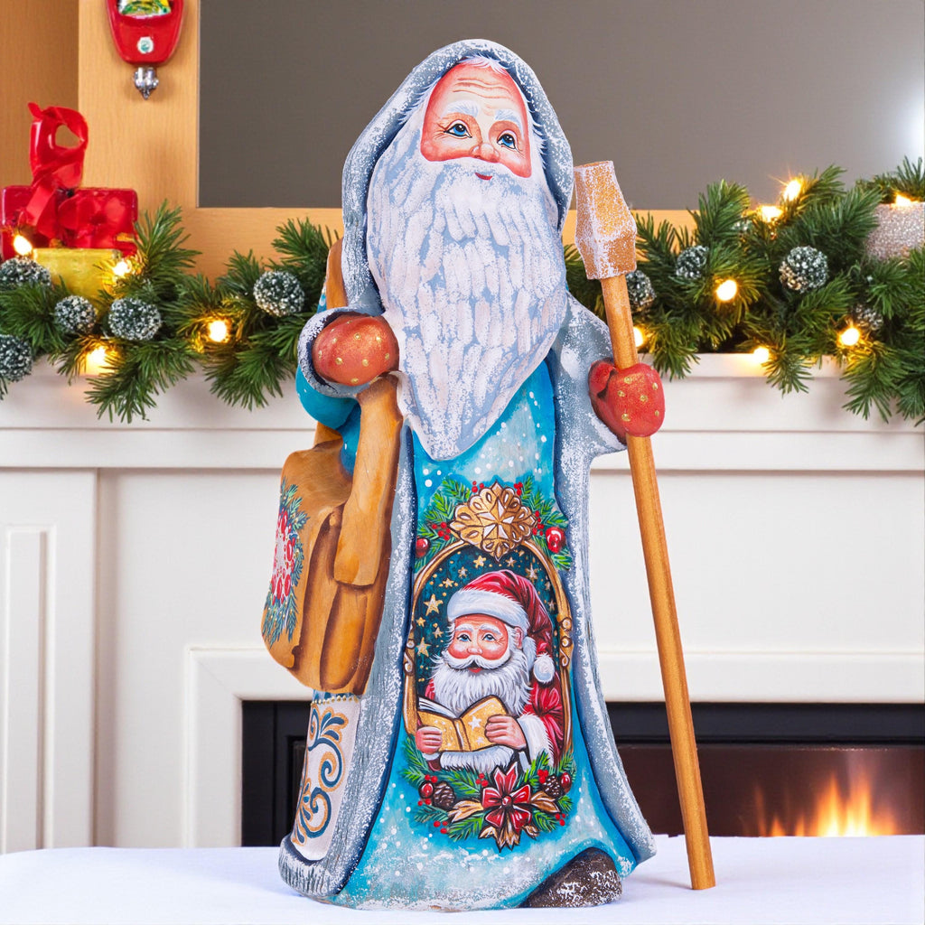 Wooden Santa Figurine Hand Carved 8.7" – Hooded Blue Father Christmas
