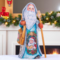 Wooden Santa Figurine Hand Carved 8.7" – Hooded Blue Father Christmas