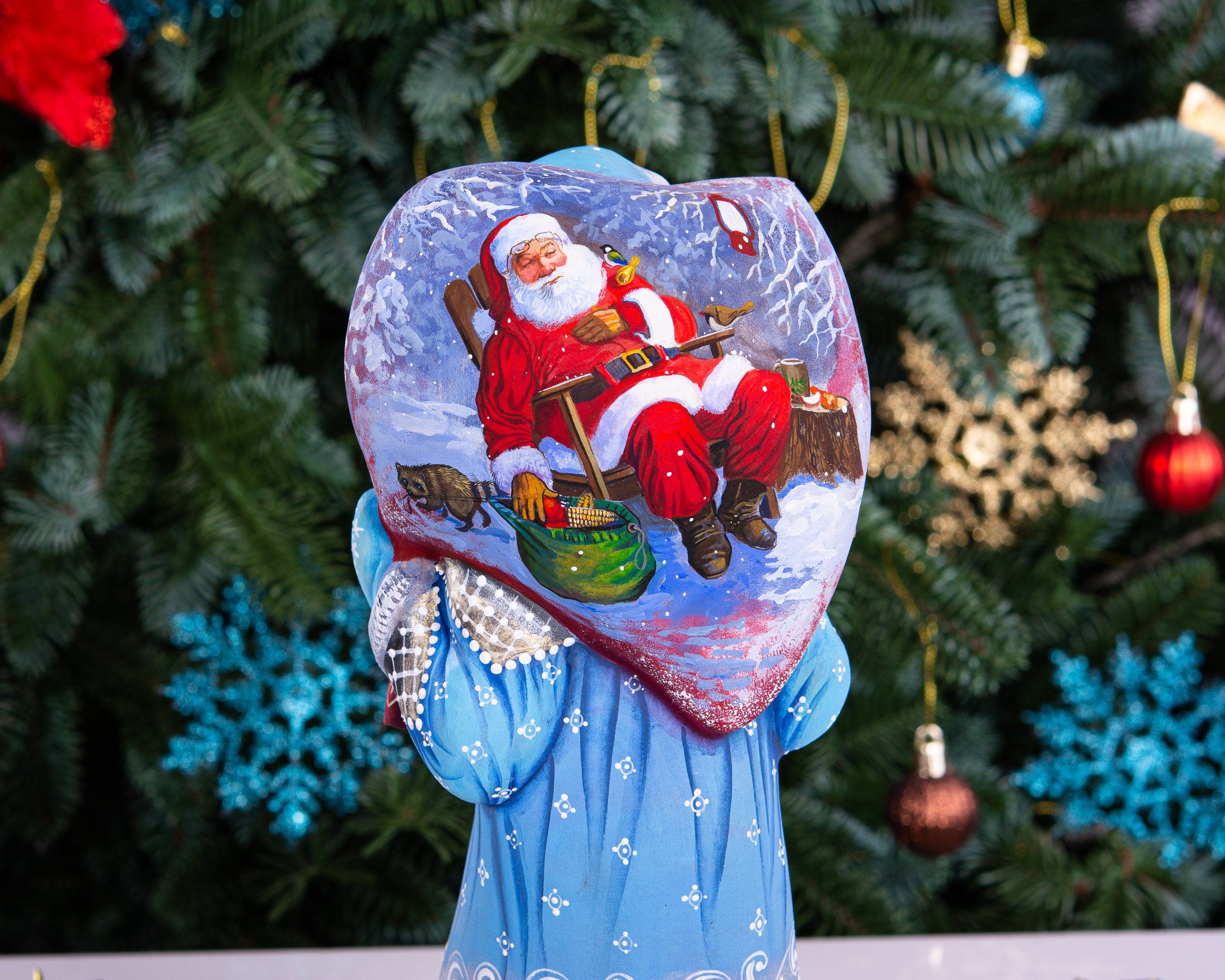 Hand carved Santa wooden statue 11 inch, Christmas scene on sack