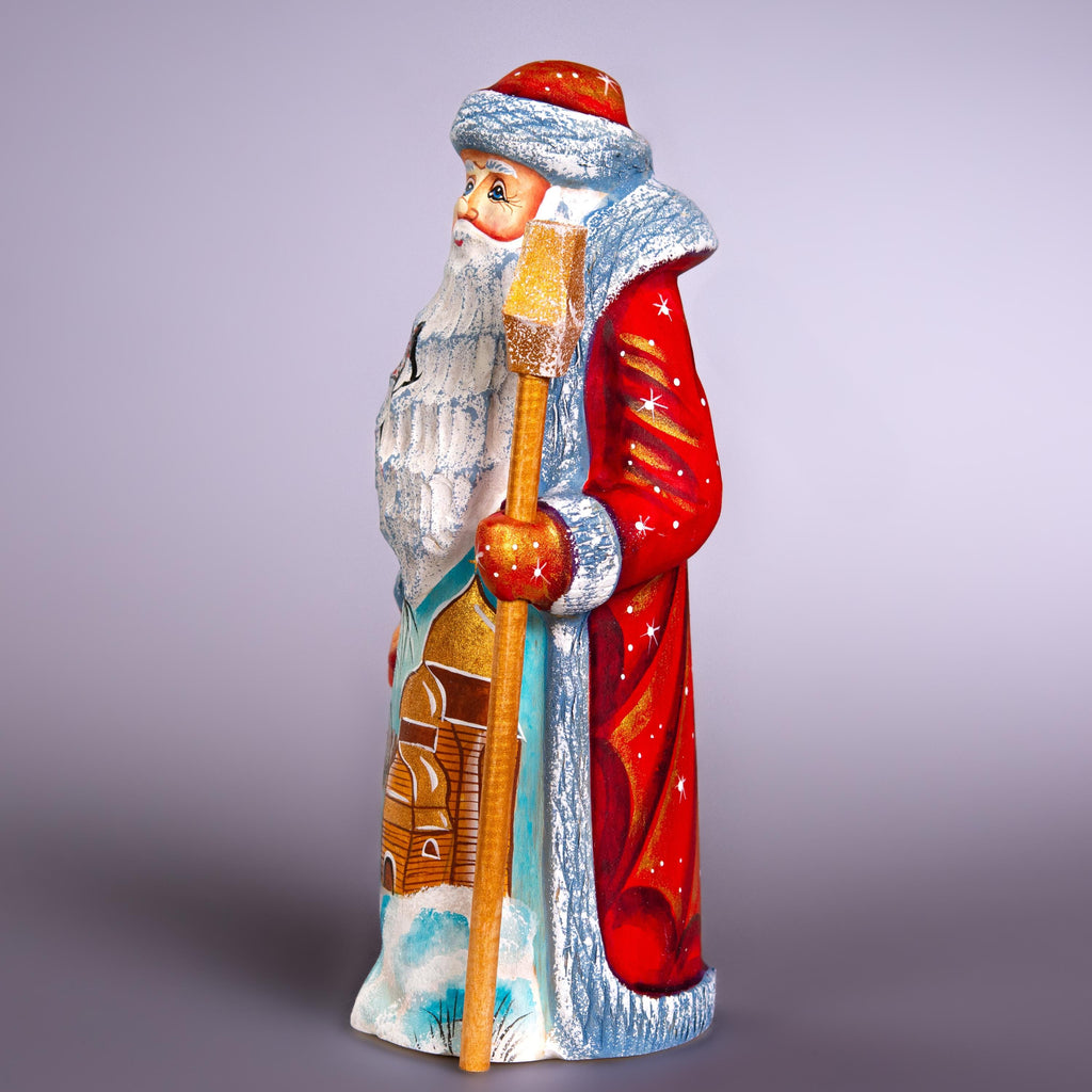 Old-World Santa wooden figurine 7.5 inch, winter church scene, mantel display gift