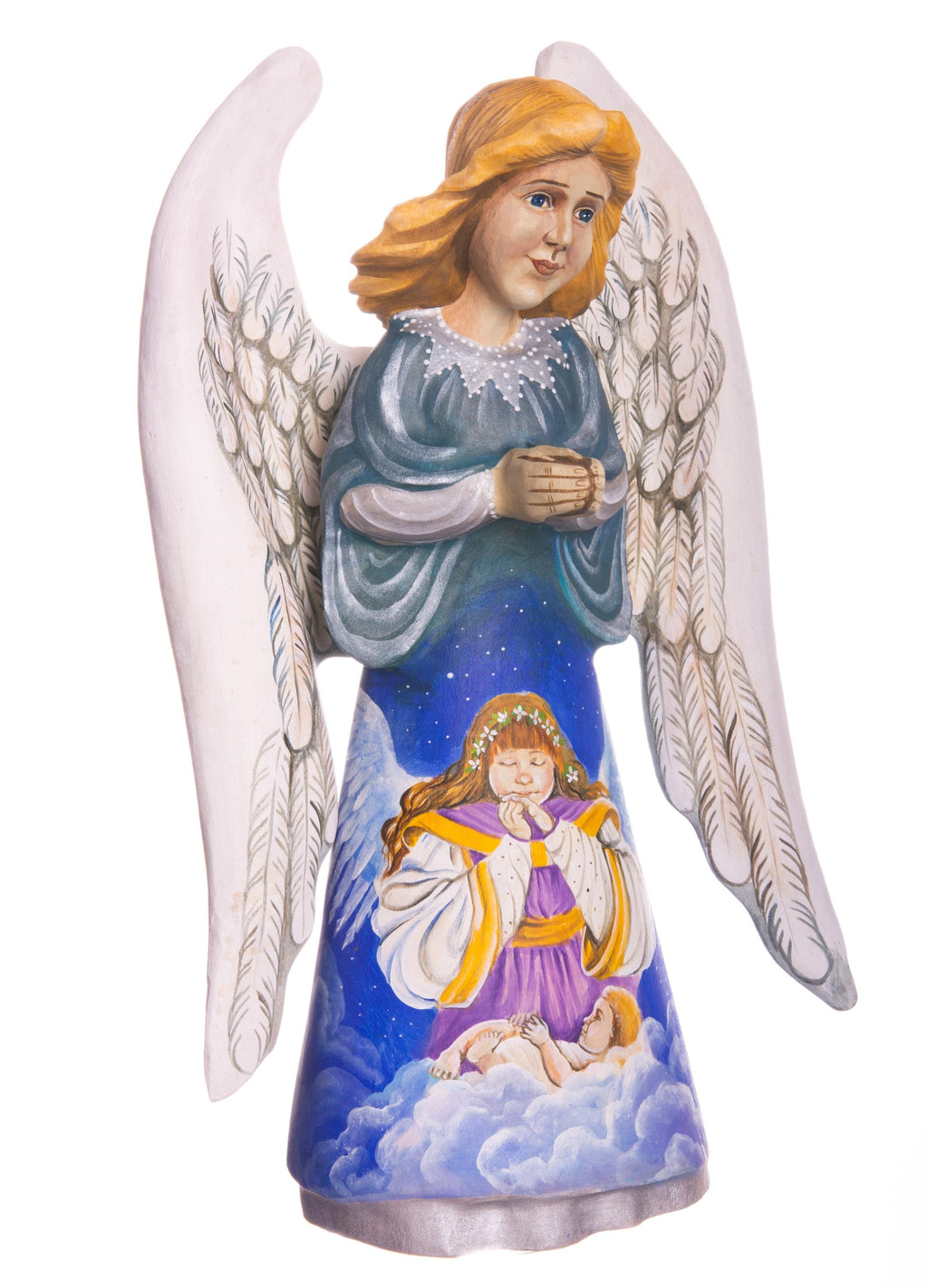 Hand painted angel figurine 9 inch, heavenly clouds scene mantel display