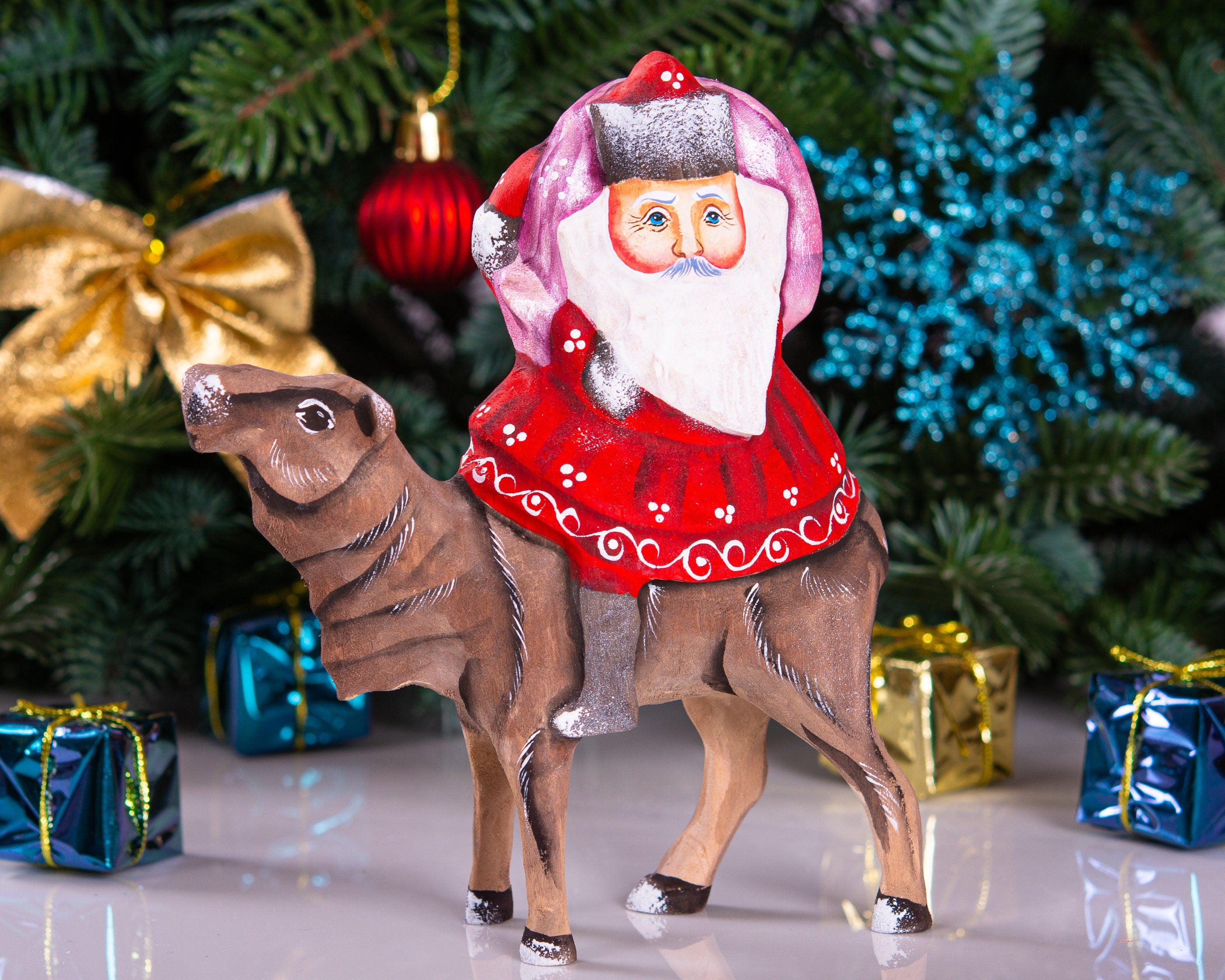 Camelback Santa figurine solid wood holiday shelf decor 6.3 inch
