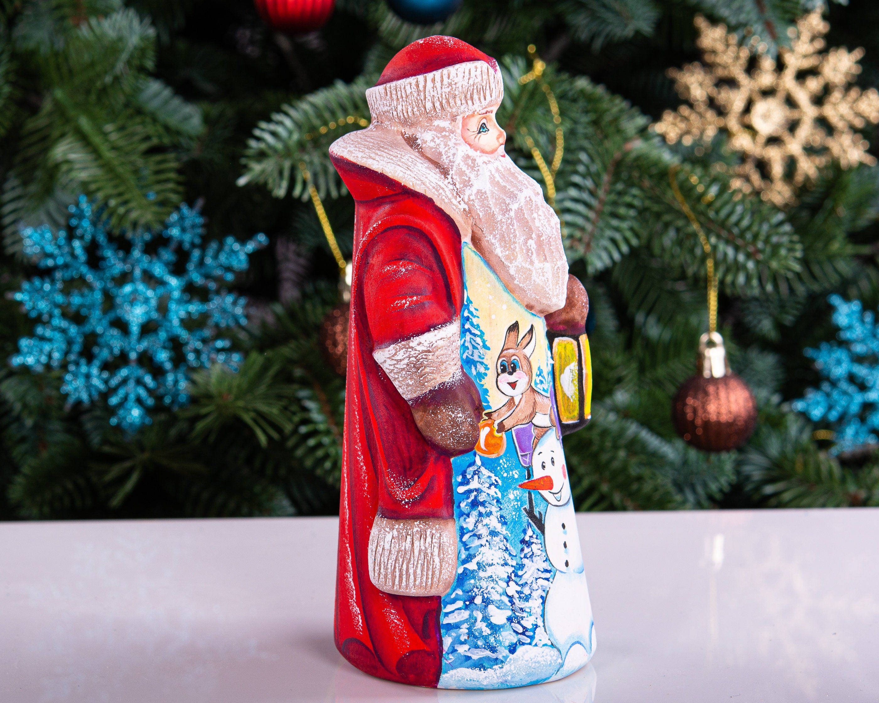 Hand carved wooden Santa figurine 7 inch, snowman and rabbit scene, mantel display