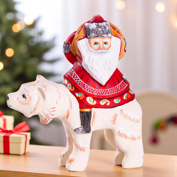Old World Santa figurine 6 inch, riding polar bear, shelf decor