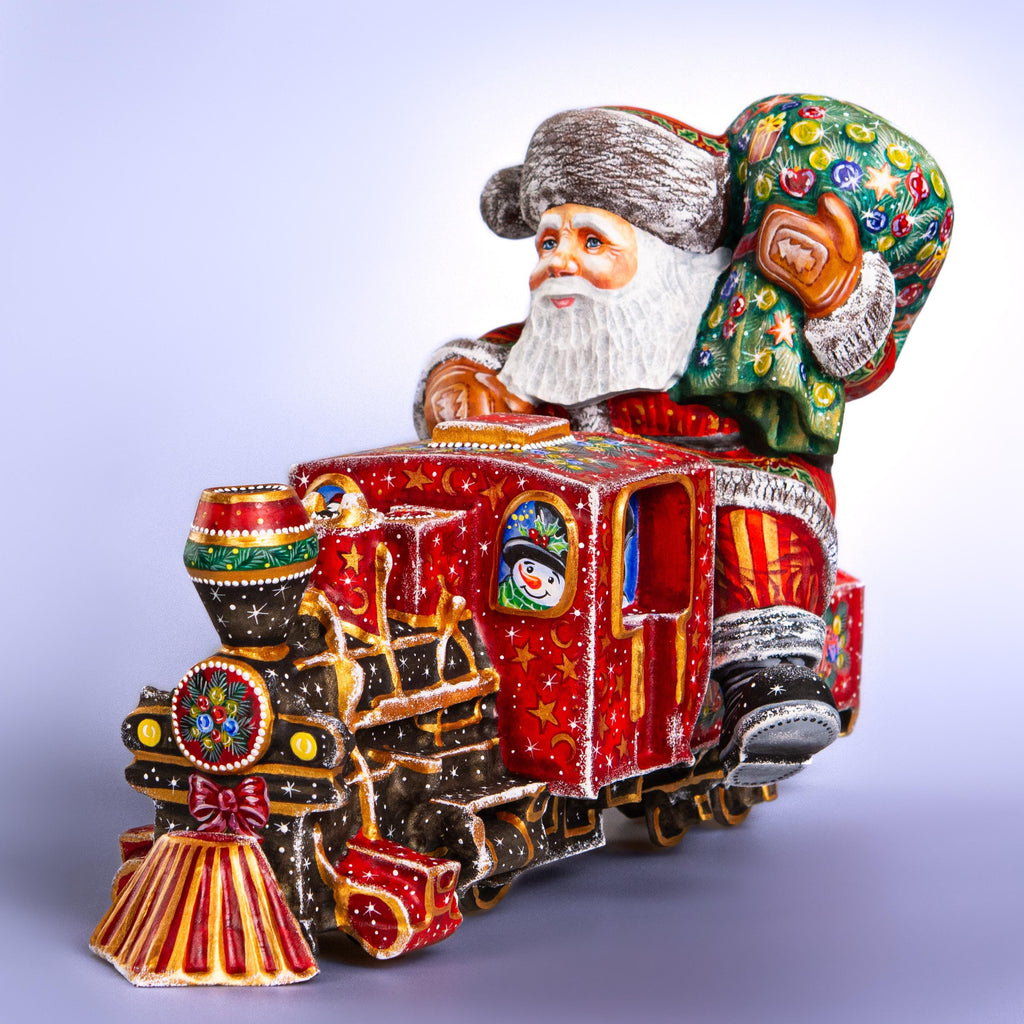Hand-Carved Wooden Santa Claus Riding Christmas Train – Holiday Tabletop Decor – Collectible Xmas Gift