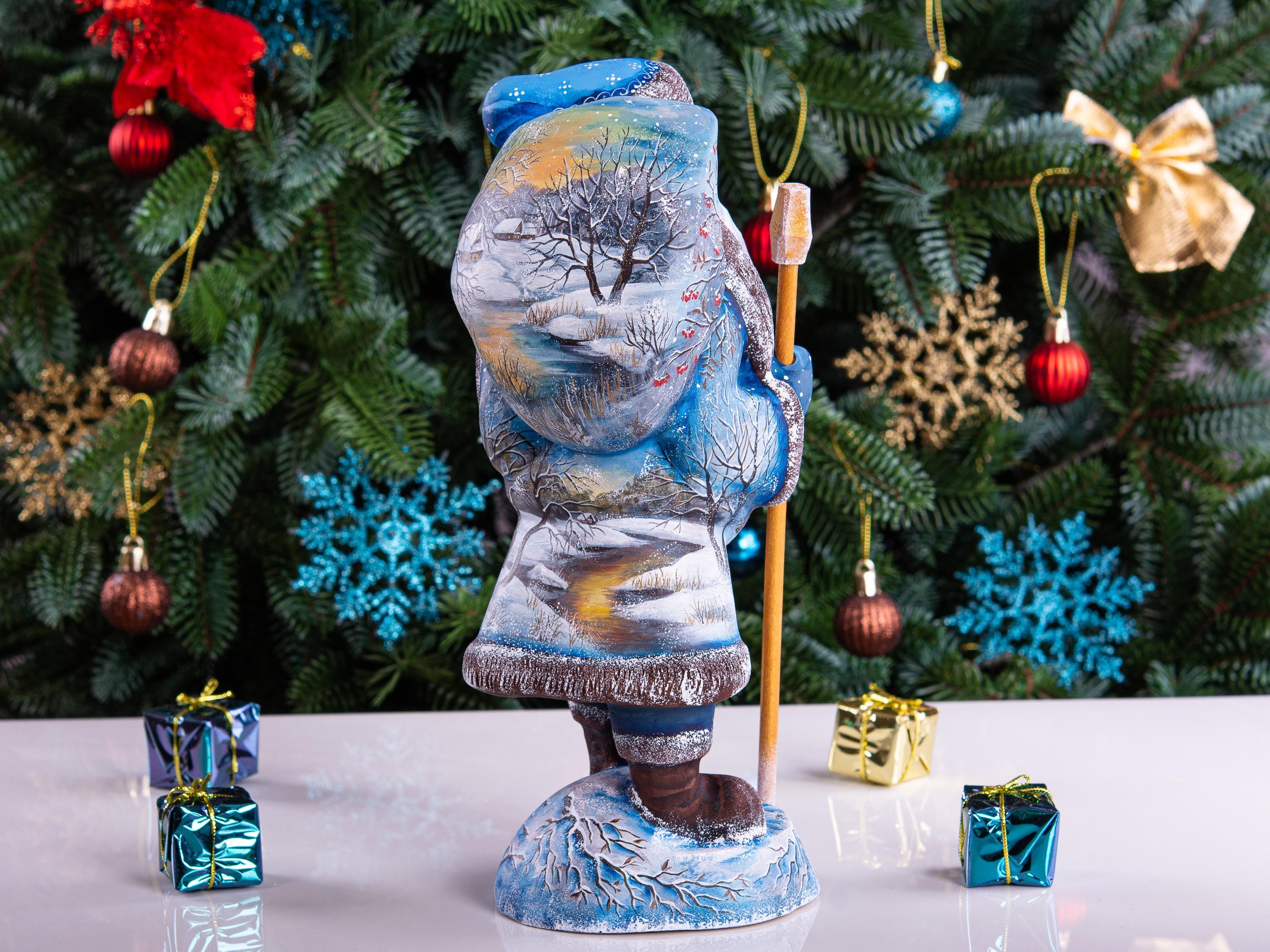 Hand carved Old-World Santa wooden figurine 11 inch, winter village landscape, mantel decor
