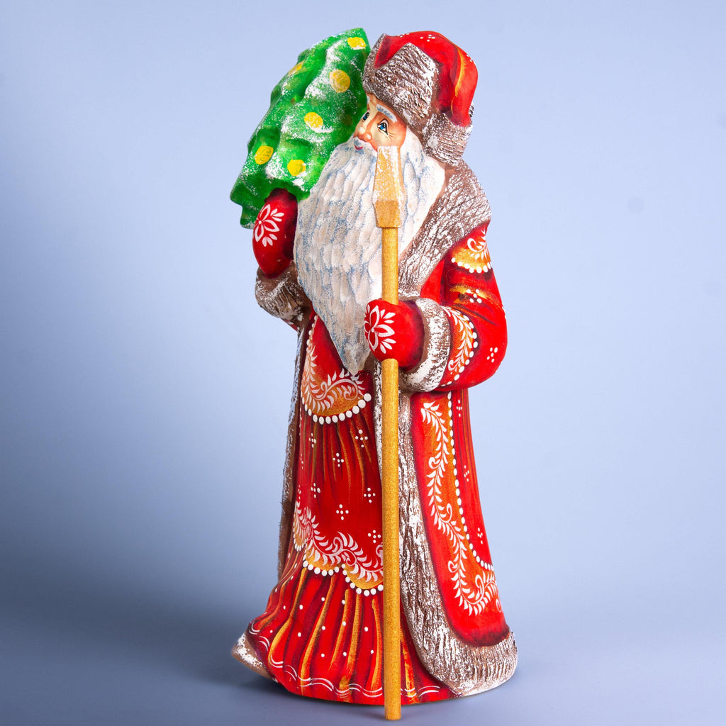 Hand Carved Santa Figurine: Red & Gold Robe, Wooden Christmas Mantel Decor