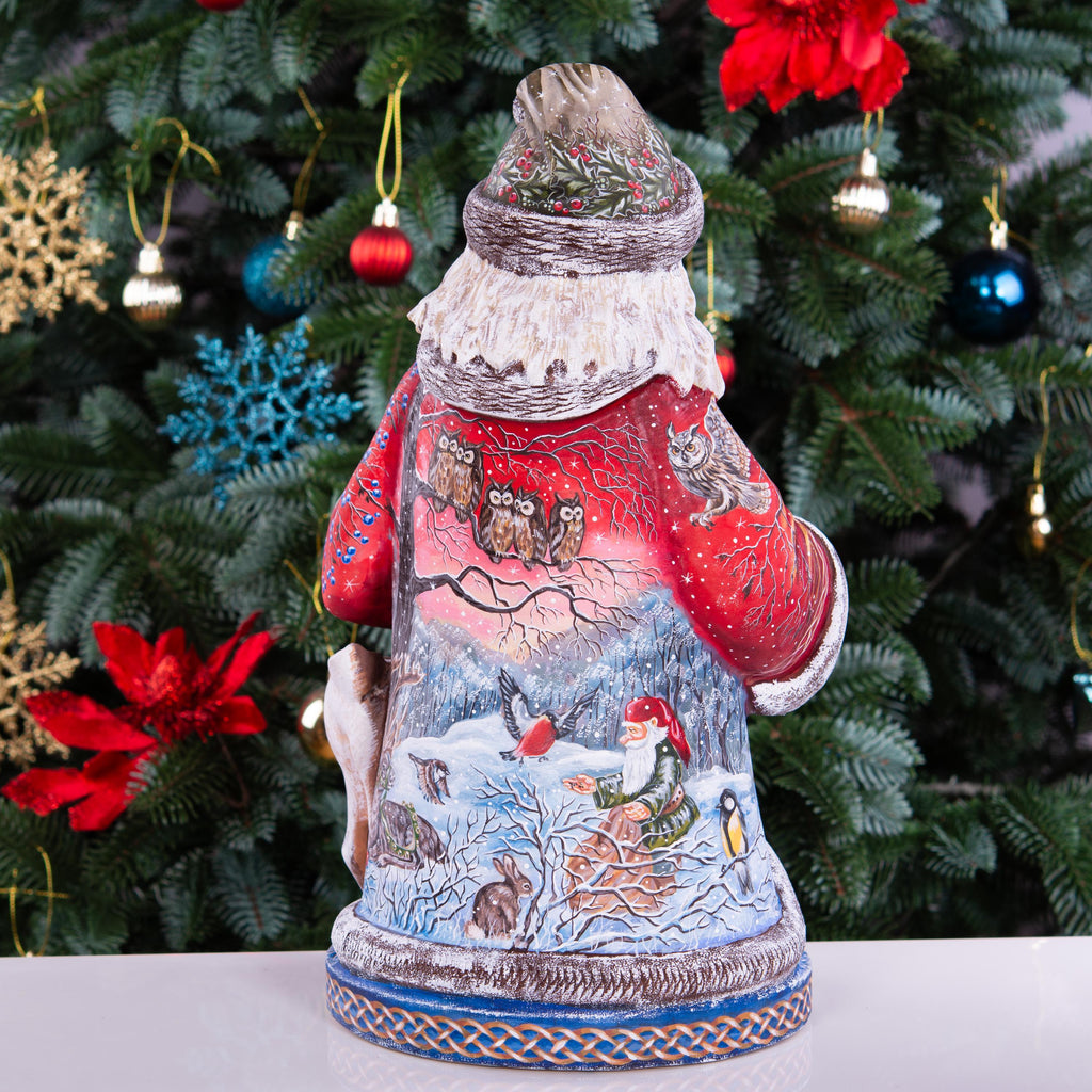 Hand carved Santa 14 inch solid wood statue, woodland animal scene