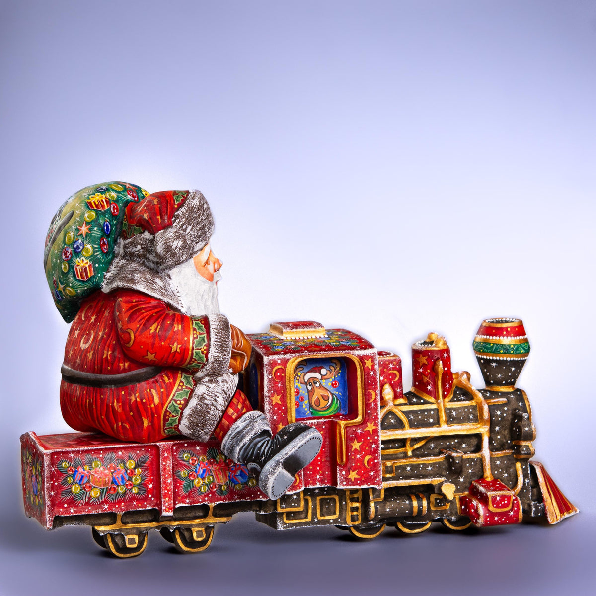 Hand-Carved Wooden Santa Claus Riding Christmas Train – Holiday Tabletop Decor – Collectible Xmas Gift