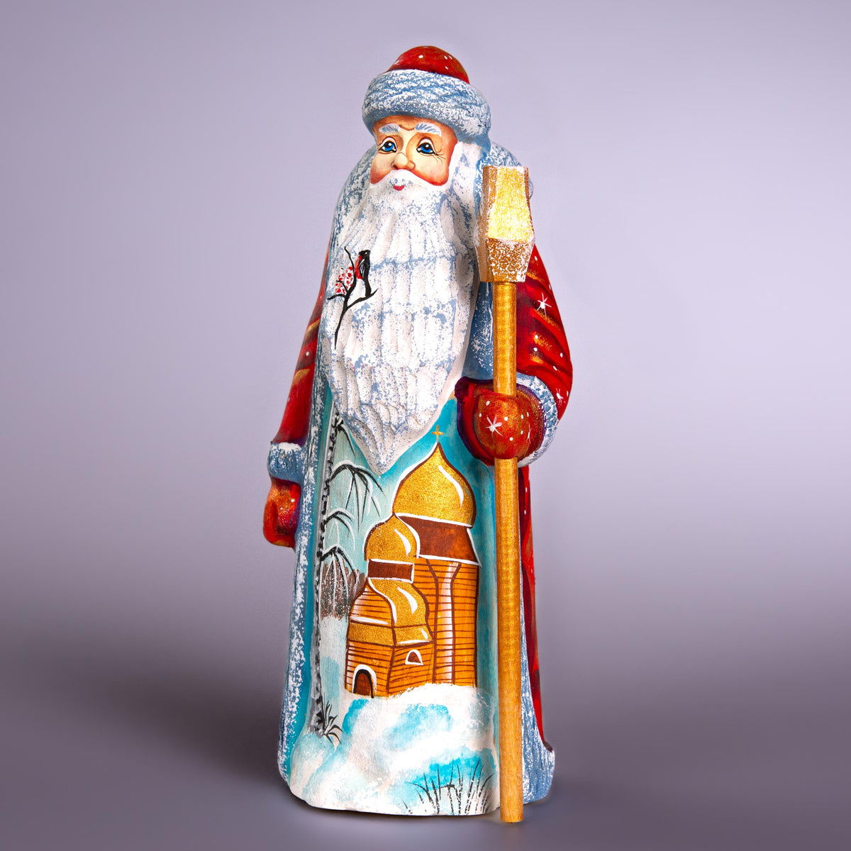 Old-World Santa wooden figurine 7.5 inch, winter church scene, mantel display gift