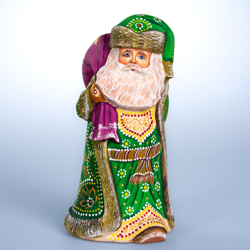 Hand carved green Santa wooden figurine 9.1 inch, folk art collectible