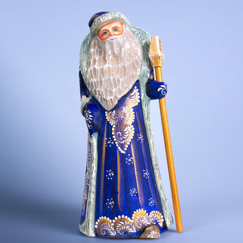Blue Father Christmas figurine with staff, hand painted, 8.7 inch
