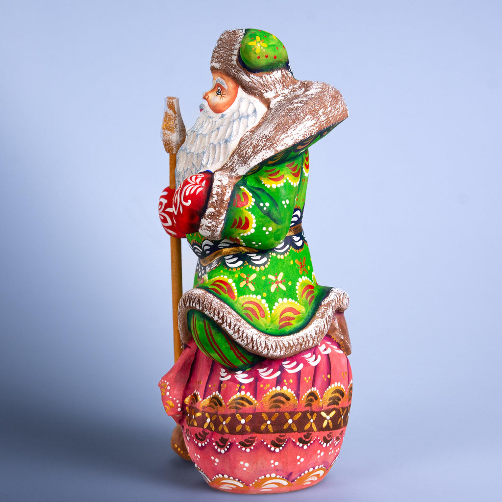 Santa Claus wood carving with staff, gift sack pedestal, 9.4 inch