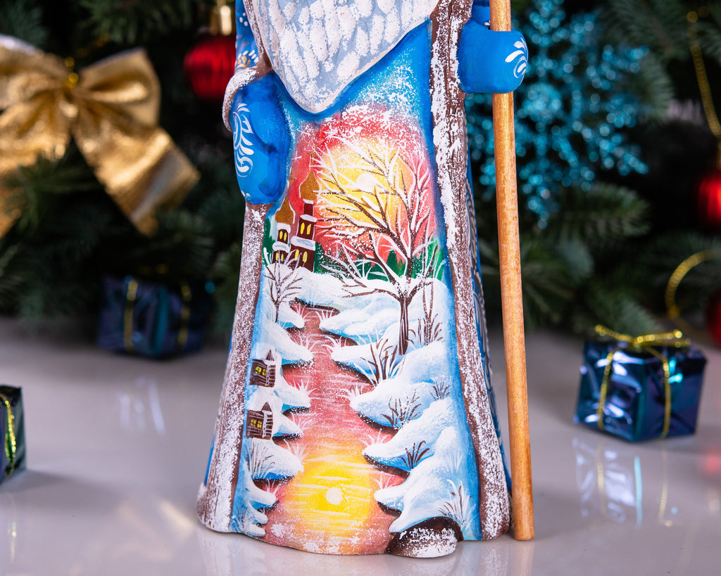 Carved wooden Santa figurine 9 inch, winter church at sunset artwork, holiday mantel centerpiece