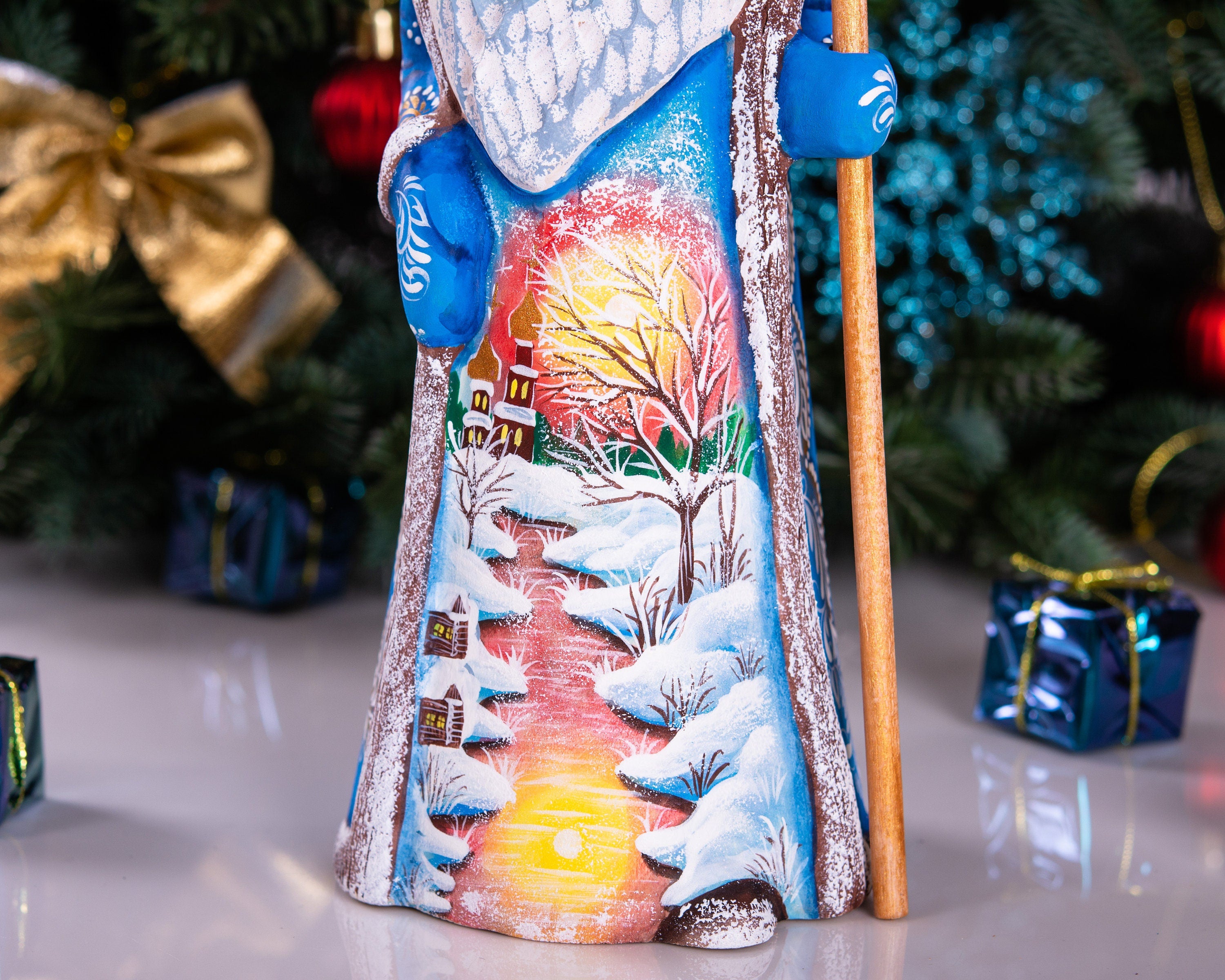 Carved wooden Santa figurine 9 inch, winter church at sunset artwork, holiday mantel centerpiece
