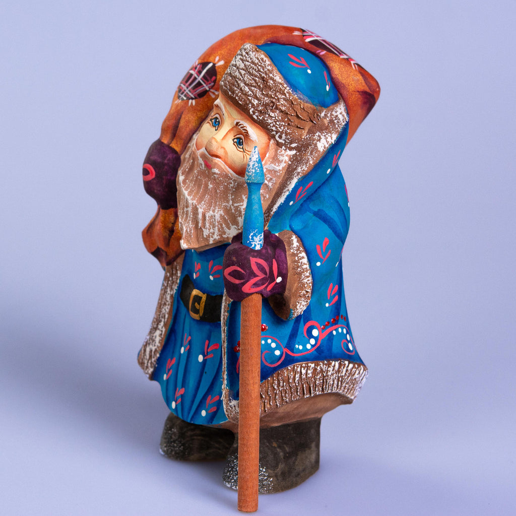 Father Frost Figurine Hand Carved Wood Blue Robe Staff and Sack 6″