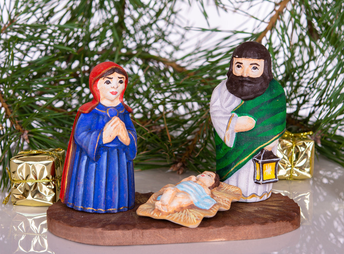 Hand Carved Wooden Nativity Set 4", Holy Family on Board
