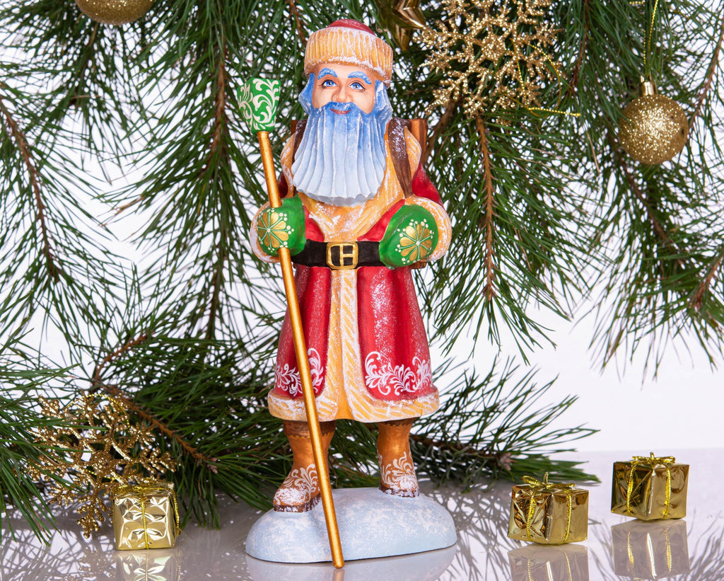 Hand carved wooden Santa figurine 11 inch, cuckoo clock bullfinch scene, Christmas home accent