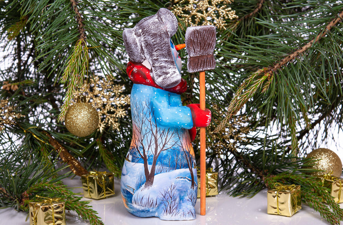Old World snowman wood carving 9.1 inch, broom, mantel display