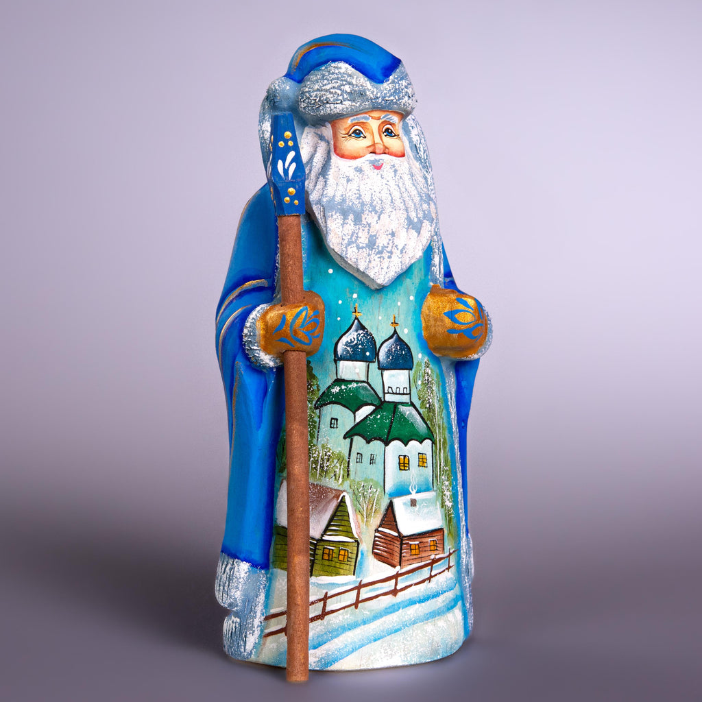 Hand Carved Wooden Santa Figurine: Winter Church Scene, Signed Collectible