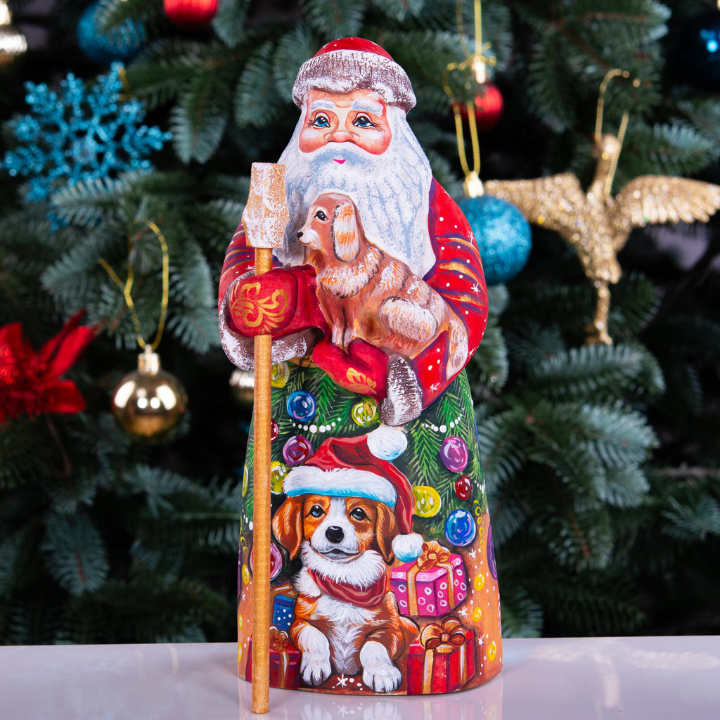 Hand Carved Santa Claus Figurine with Dog: Painted Wood Christmas Decor