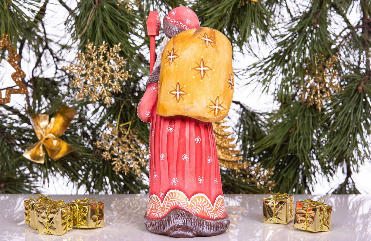 Hand carved Santa Claus wood figure 10 inch, gift sack, rustic holiday shelf display