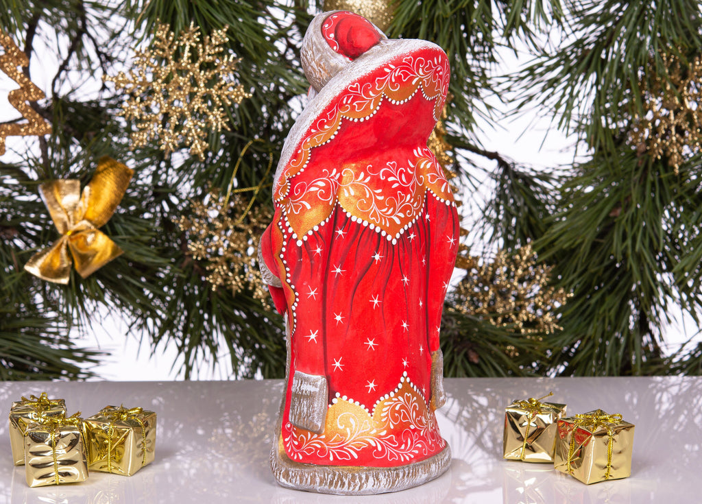 Old-World Santa wooden figurine 9 inch, little girl winter portrait, holiday mantel decor