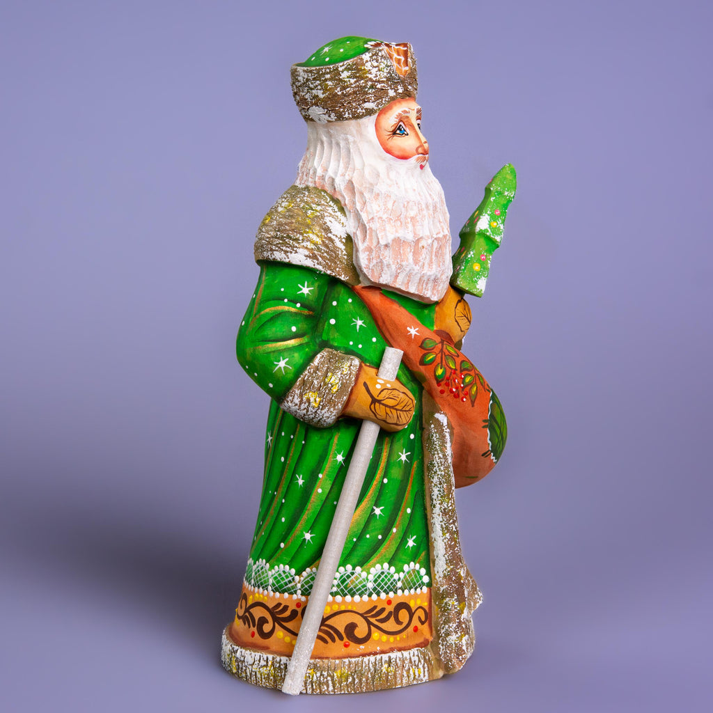Hand carved wooden Saint Nicholas figurine 9 inch, green coat, holiday shelf decor
