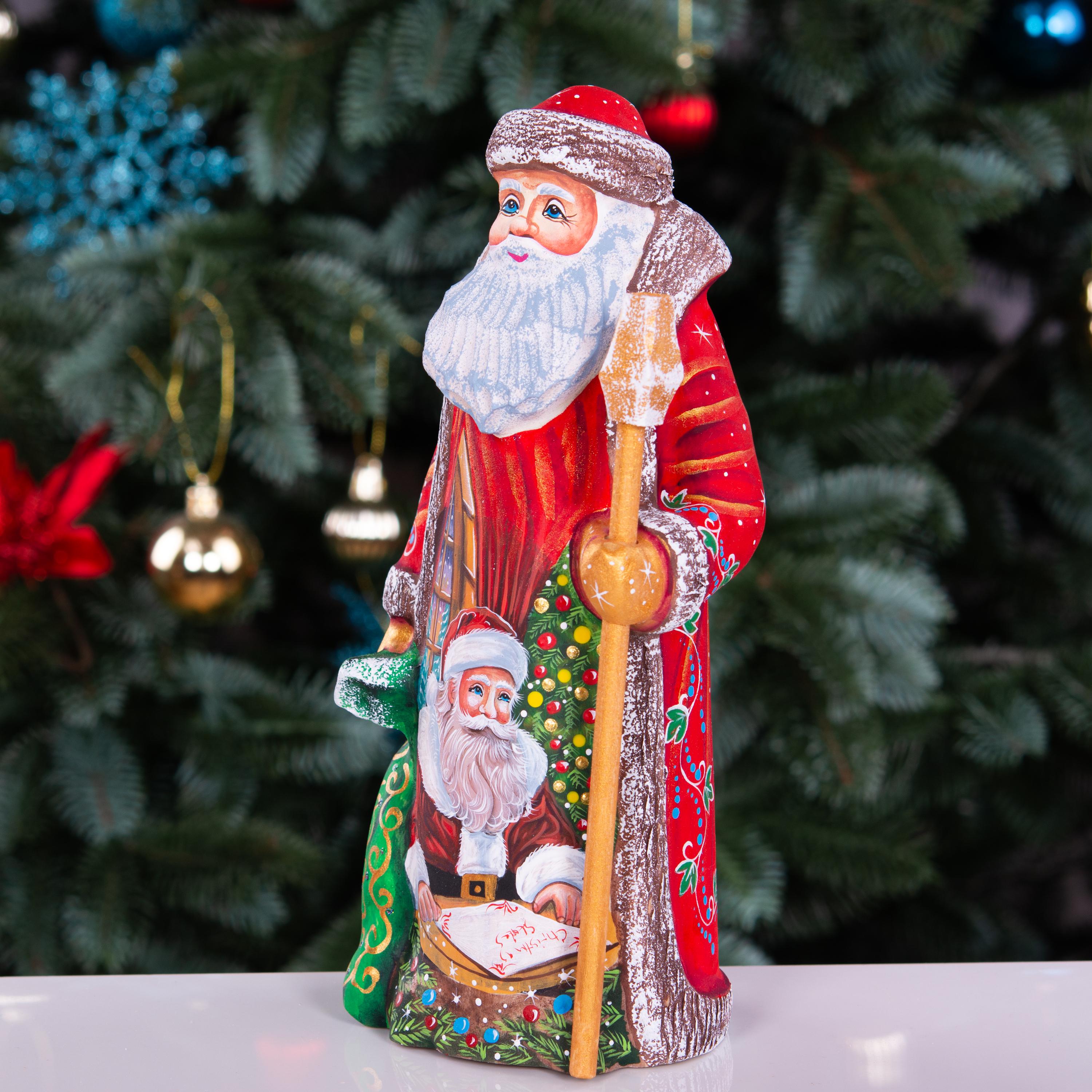 Hand carved wooden Santa, storybook Christmas list vignette, 9.1 inch