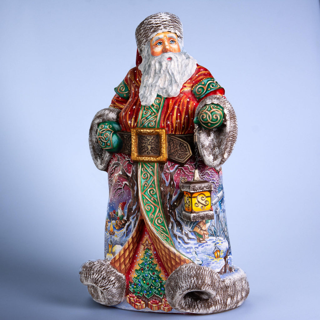Hand Carved Santa Claus Figurine: Wooden Gnome Winter Scene, Painted Christmas Decor