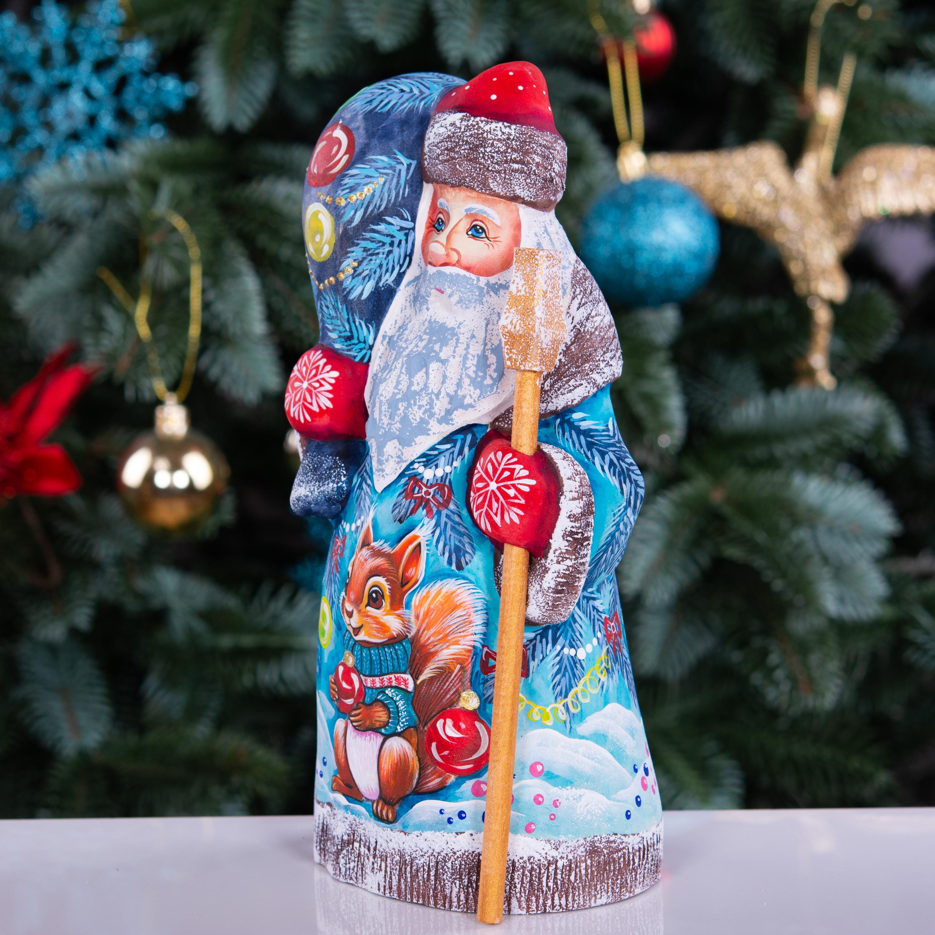 Hand carved Santa wooden figurine 8.3 inch, squirrel in winter forest, Christmas mantel decor