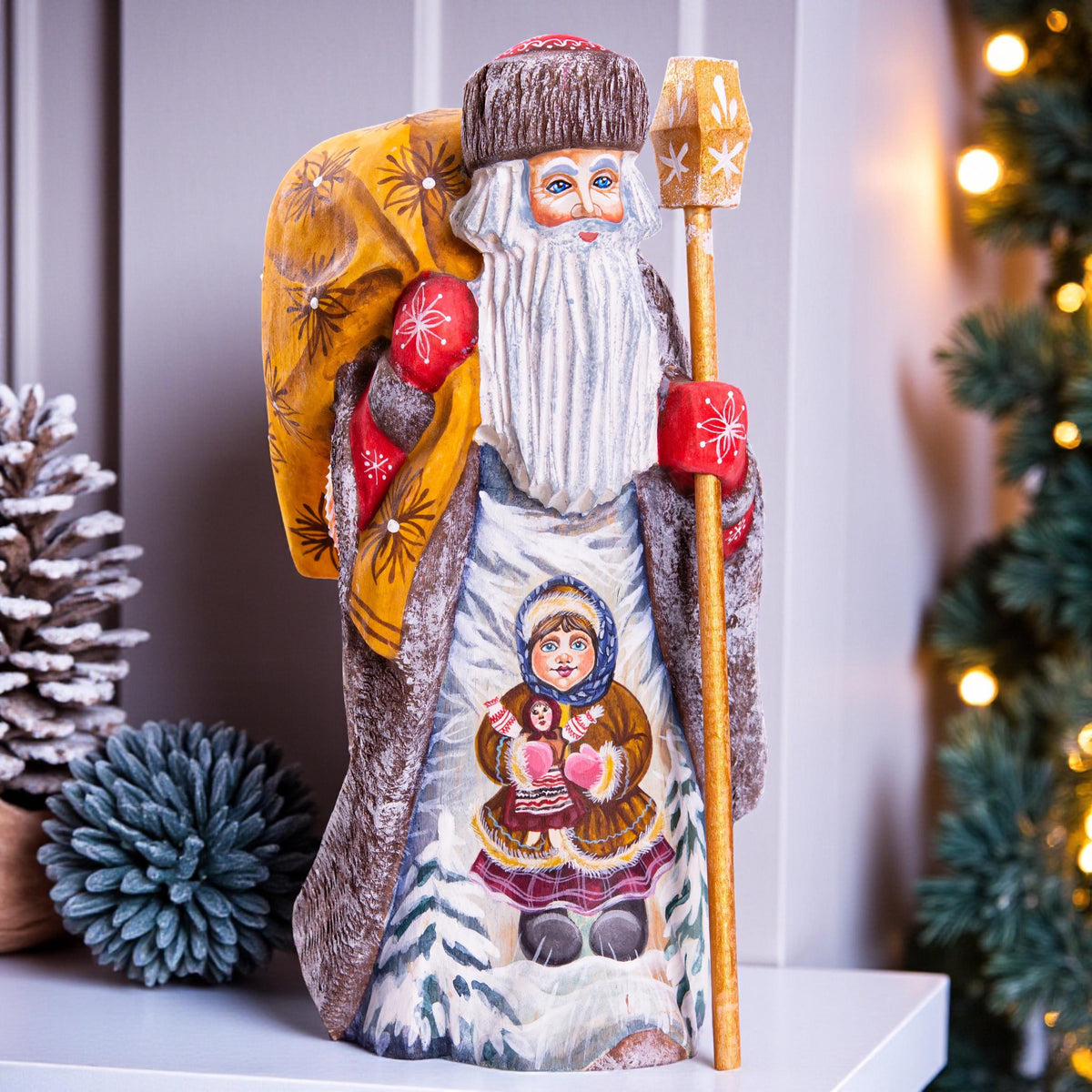 Old-World Santa wooden figurine 9.4 inch, child with doll painting, Christmas mantel decor