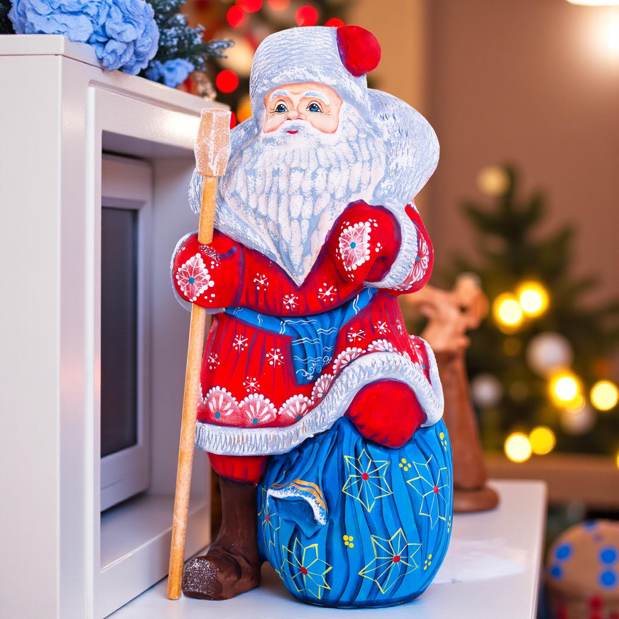 Hand carved wooden Santa figurine 9.4 inch, toy sack and staff, holiday mantel decor