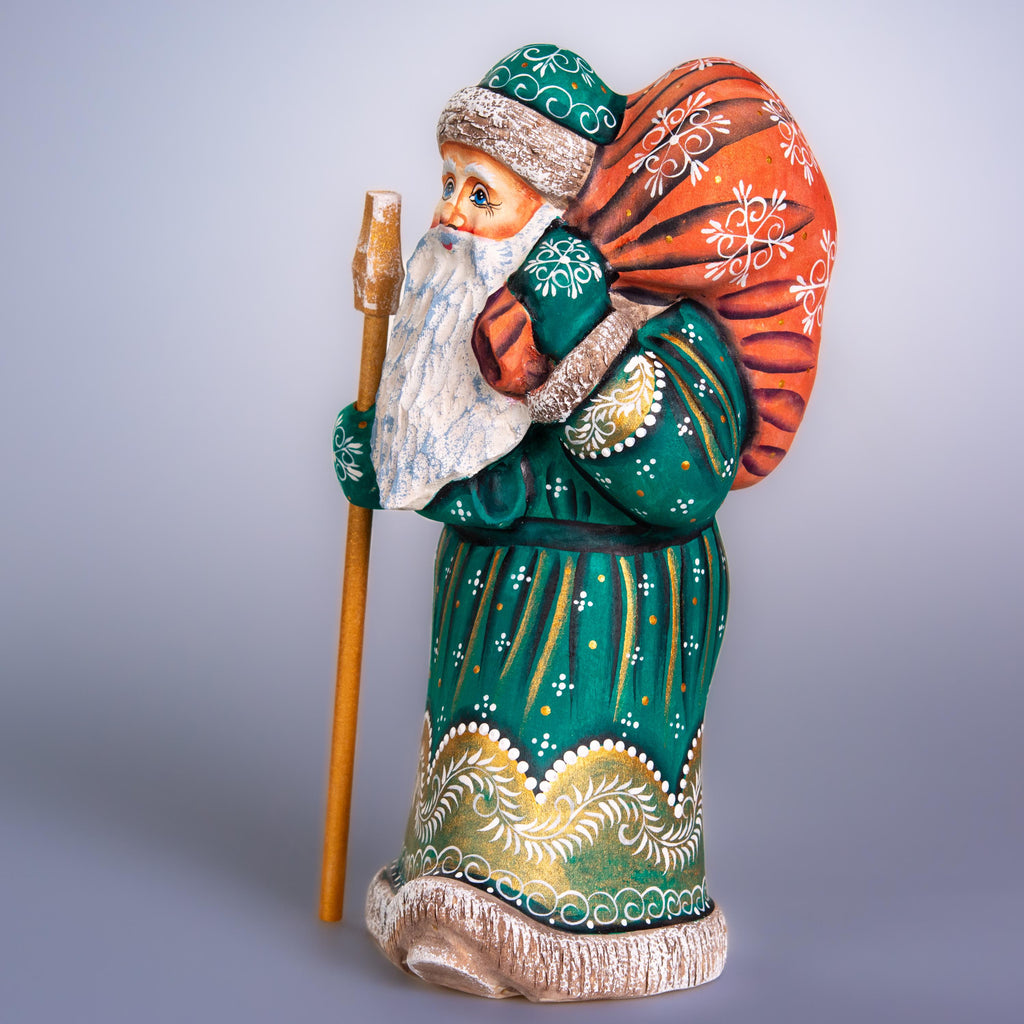 Hand carved Old-World Santa wooden figurine 9 inch, staff and gift sack, mantel decor