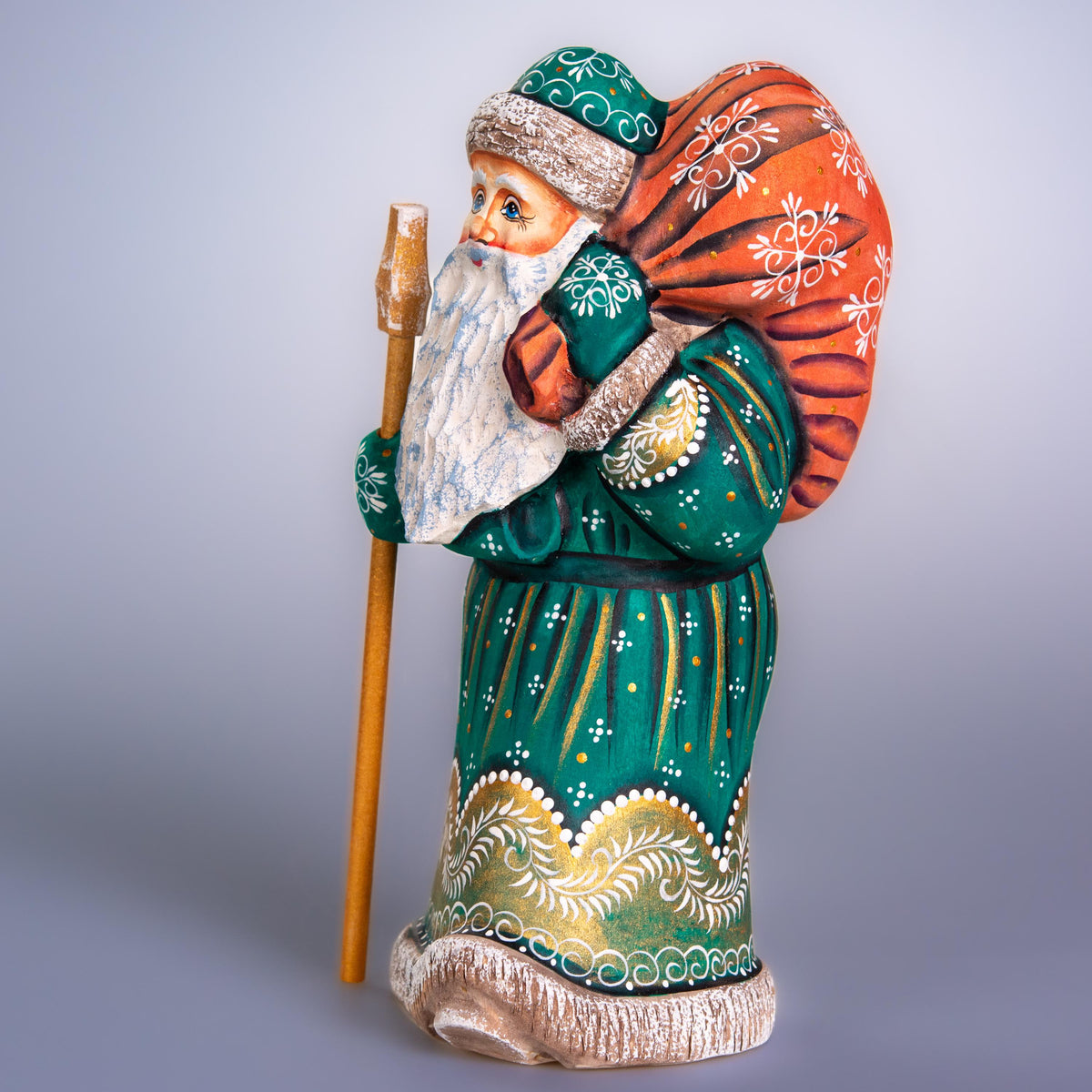 Hand carved Old-World Santa wooden figurine 9 inch, staff and gift sack, mantel decor