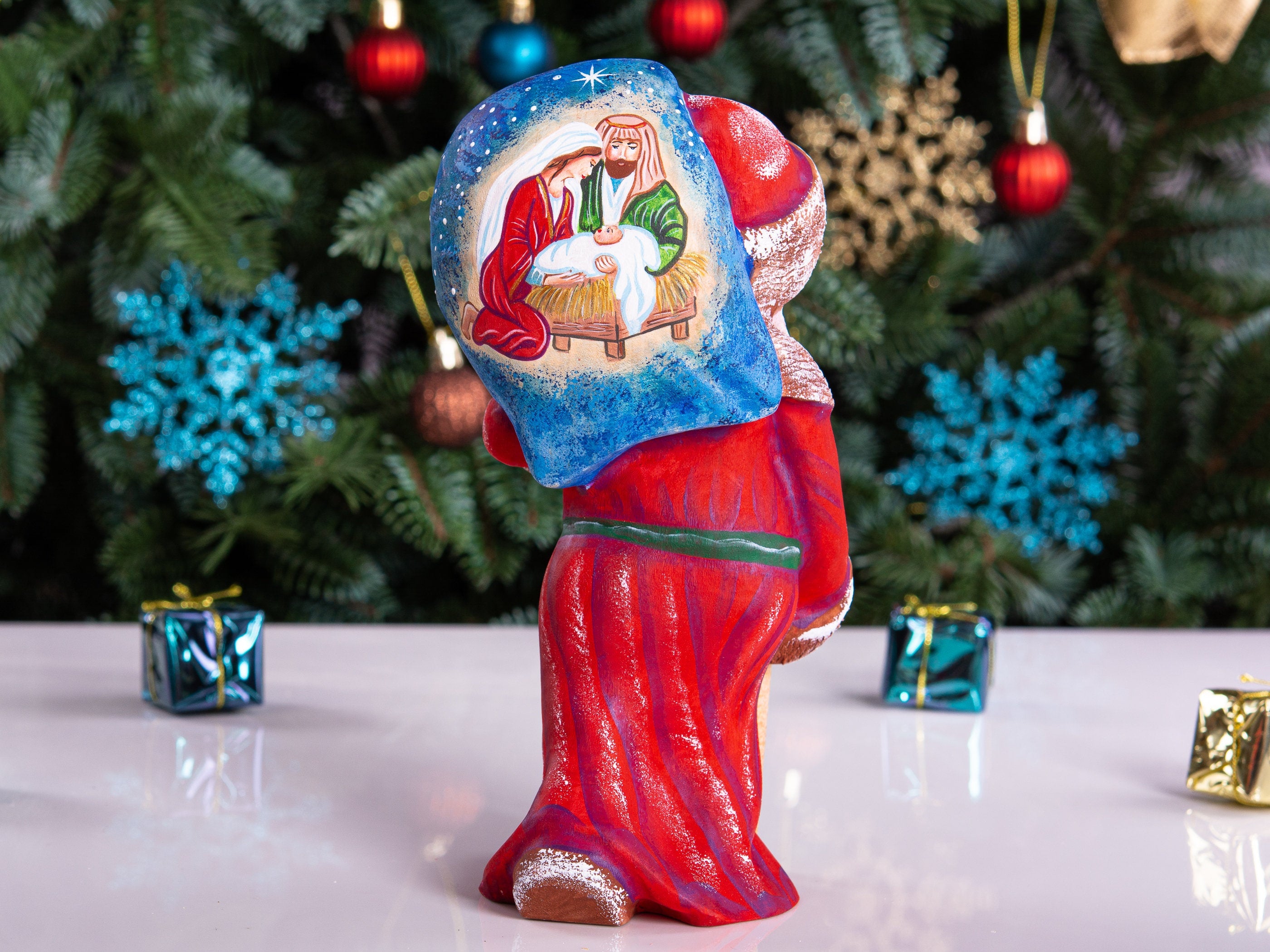 Hand carved Santa wood figurine 8 inch, Holy Family painting, tabletop Christmas decor