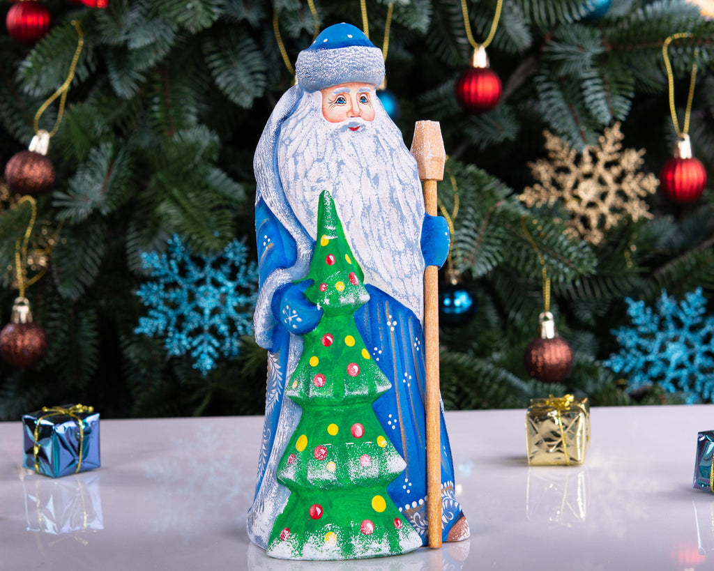 Carved wooden Santa figurine 9 inch, decorated tree, traditional Christmas gift mantel centerpiece