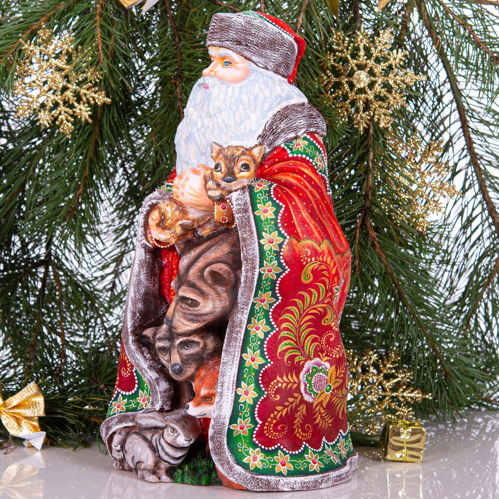 Hand Carved Wooden Santa Claus Figurine with Forest Animals (14")