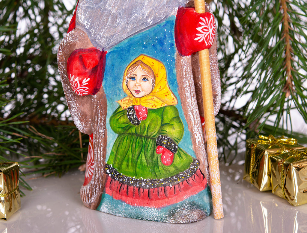 Santa figurine with staff, folk art hand painted girl scene, 8.3 inch