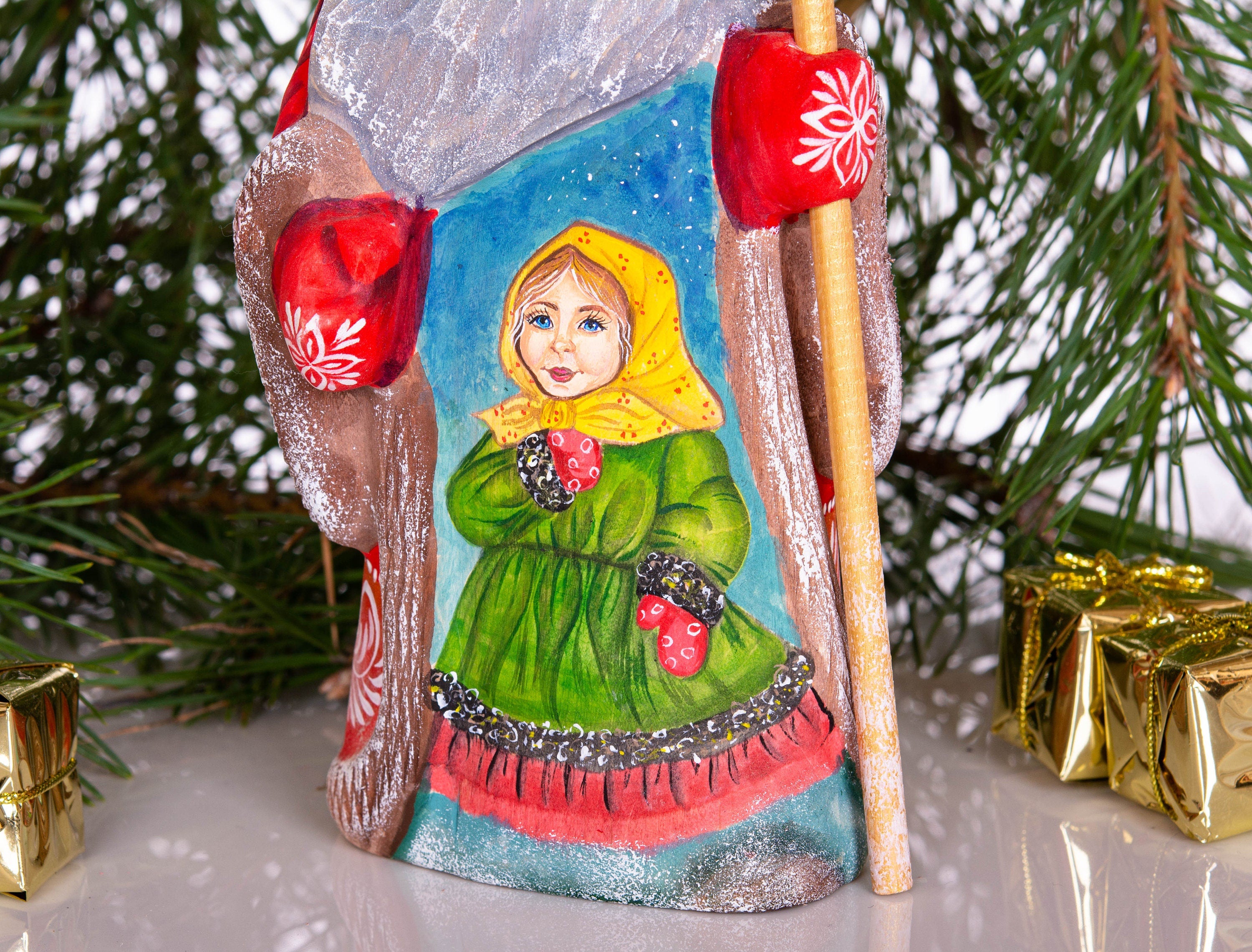 Santa figurine with staff, folk art hand painted girl scene, 8.3 inch