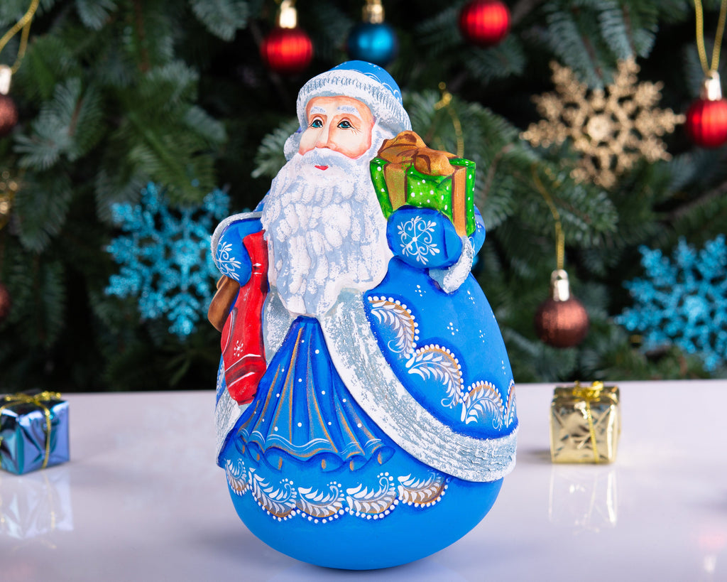 Hand carved blue Santa wooden figurine 7 inch, gift boxes, Christmas mantel decor