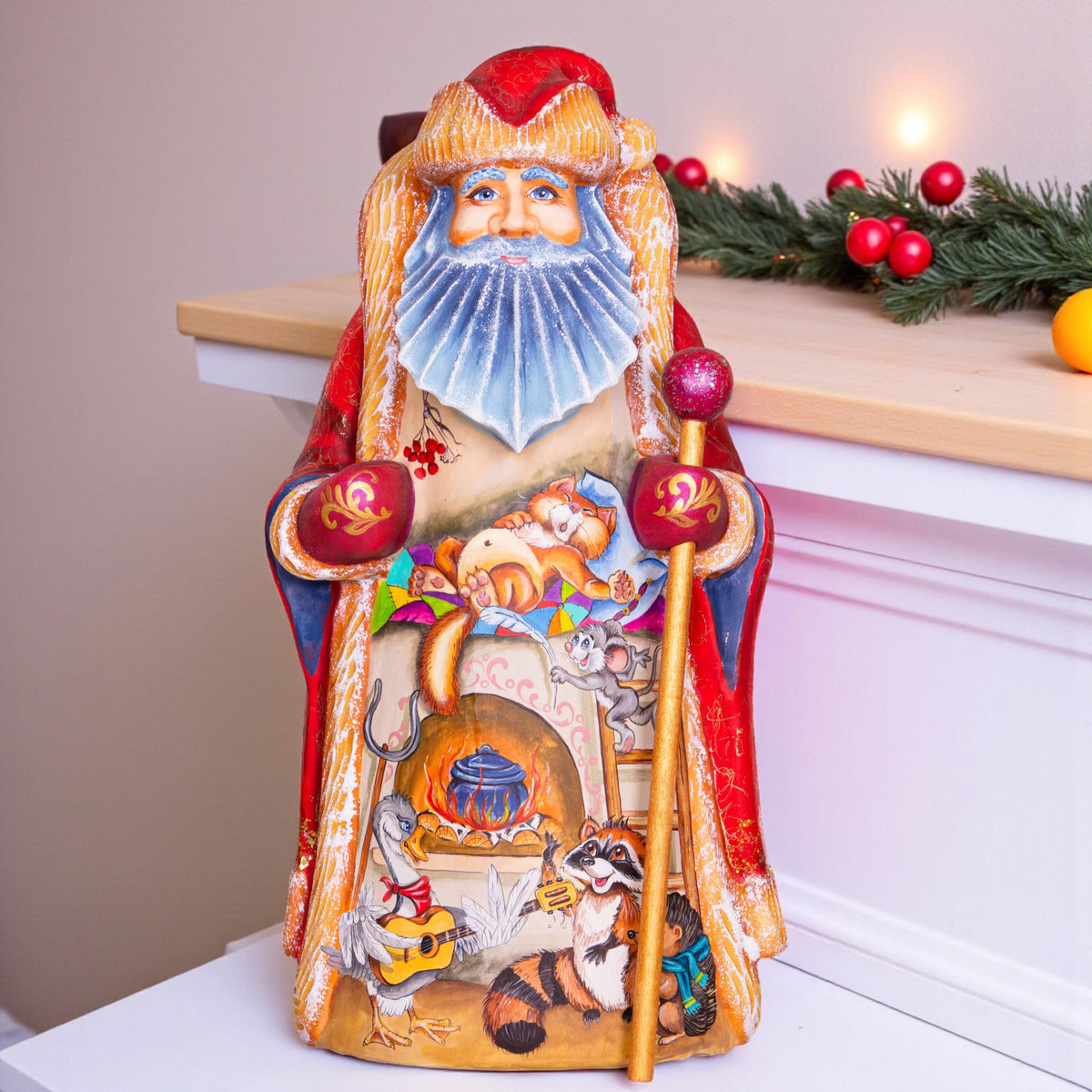 Hand-Carved Wooden Santa Claus Figurine: Whimsical Christmas Decor