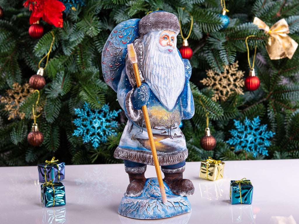 Hand carved Old-World Santa wooden figurine 11 inch, winter village landscape, mantel decor