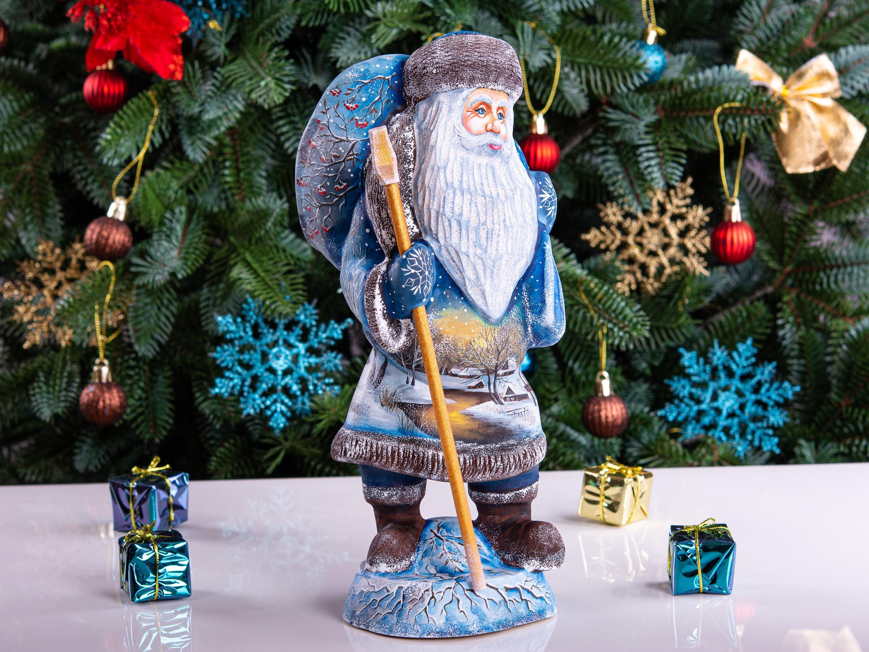 Hand carved Old-World Santa wooden figurine 11 inch, winter village landscape, mantel decor
