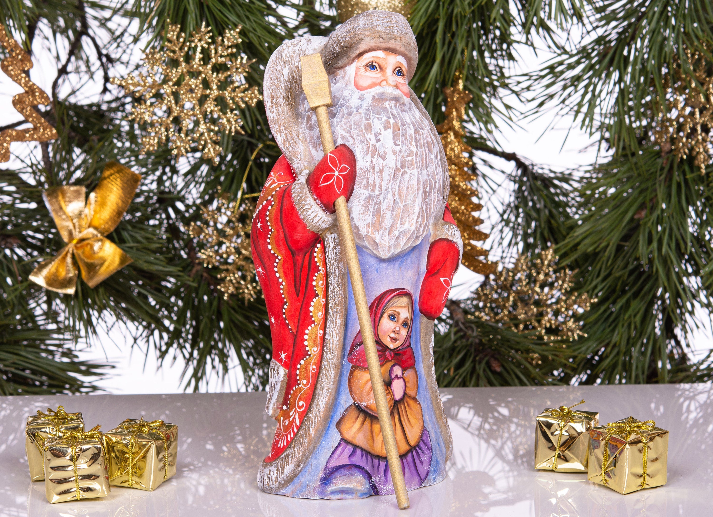 Old-World Santa wooden figurine 9 inch, little girl winter portrait, holiday mantel decor