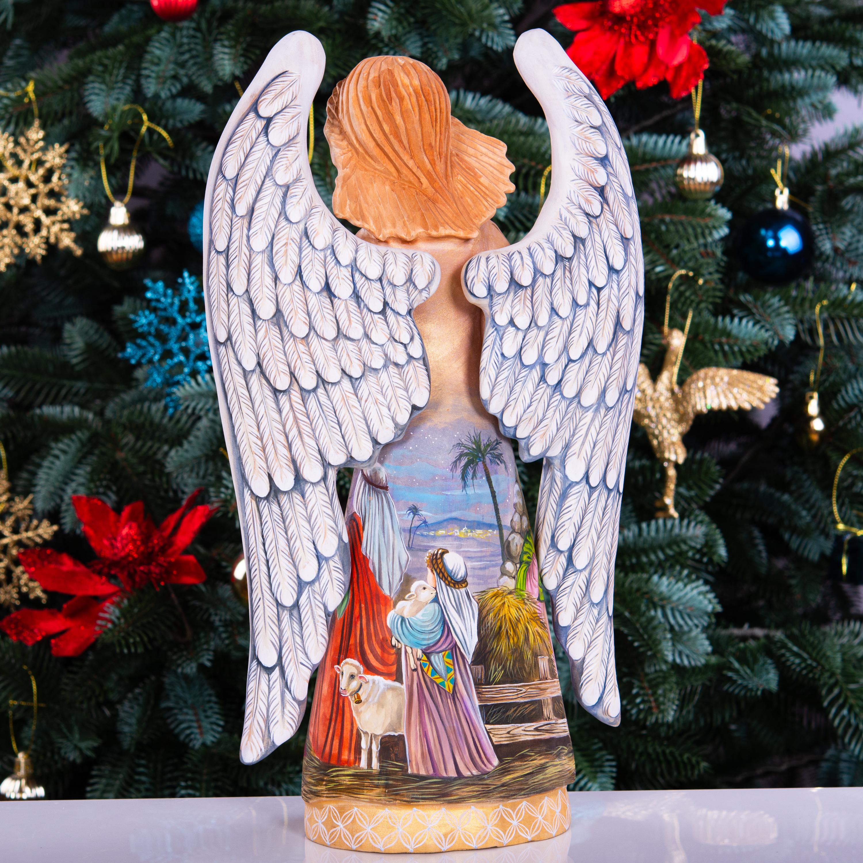 Wooden Angel Statue 12.9", Hand Carved, Nativity Art, Christian Decor